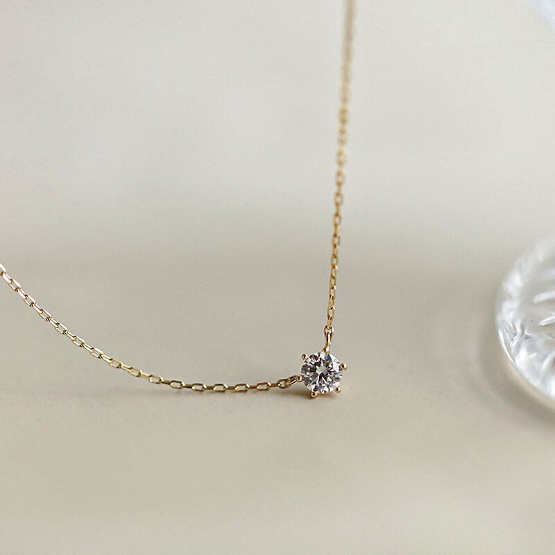 Collar clásico de un solo diamante con baño de plata pura de oro de 14 quilates y cadena de clavícula de circonita de seis puntas, colgante simple y versátil_voghion.com