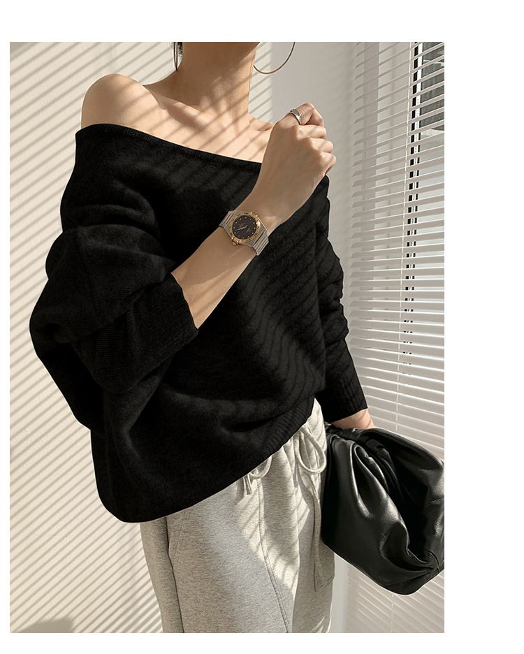 Übergroßer schulterfreier Pullover im koreanischen Chic – Strickoberteil mit Fledermausärmeln im französischen Stil für Damen (Grau, Schwarz, Beige, Einheitsgröße)_voghion.com