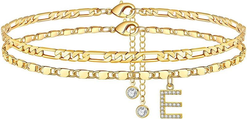 14K Gold Plated Delicate Layered Figaro Chain CZ Initial Anklet Set - Perfect Summer Gift For Women_voghion.com
