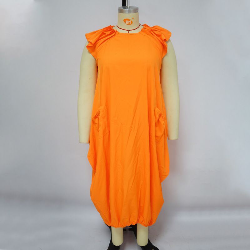 Kadın Giyim Moda Büyük Beden Kadın Düz Renk Çift Cepli Bol Elbise_voghion.com