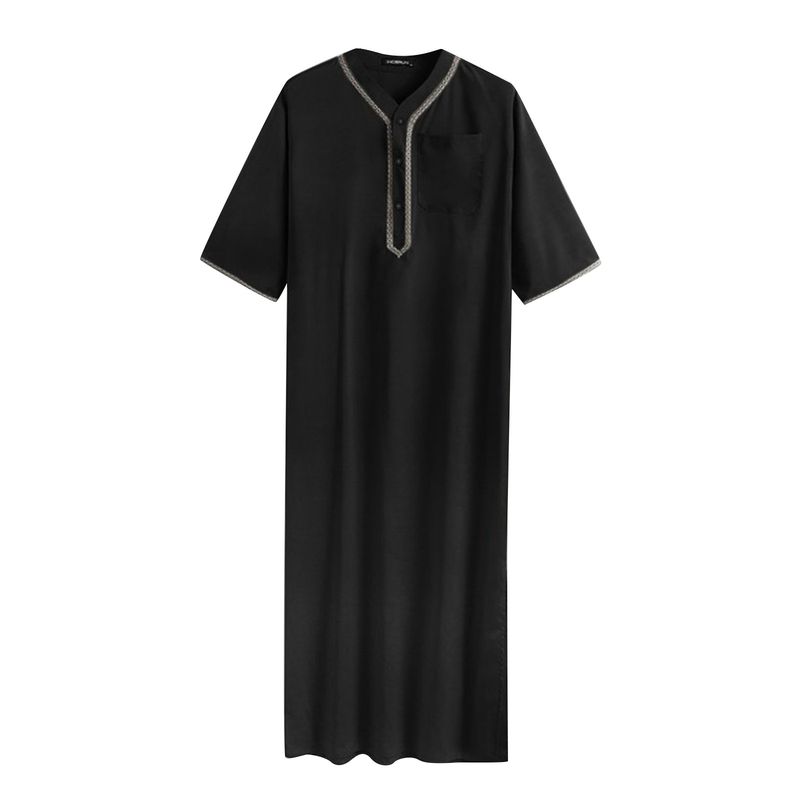 Jubba Thobe muçulmano cor sólida botão quimono robe médio camisa muçulmana saudita gola alta kaftan árabe islâmico masculino_voghion.com