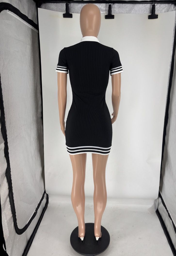 Damenbekleidung Hochwertiges Revers Kurzarmkleid Gerippter Sexy Kurzer Rock_voghion.com