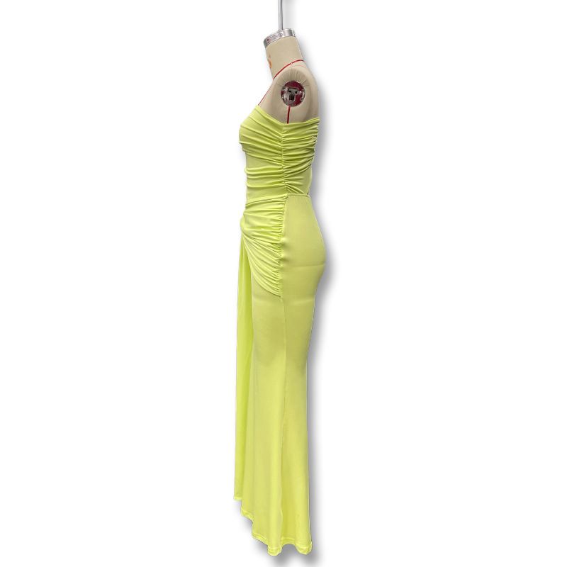 Abito lungo arricciato con lacci, tinta unita, alla moda, con schiena scoperta, monospalla, estivo 2025_voghion.com