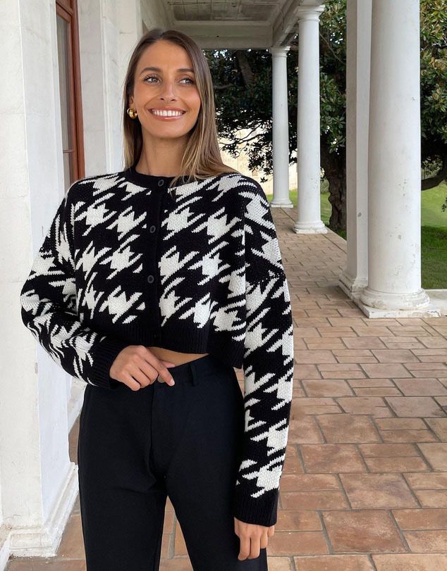 Damenbekleidung Herbst und Winter Kurzer Stil Nabel freilegend Langarm Hahnentritt Pullover Strickjacke Pullover_voghion.com