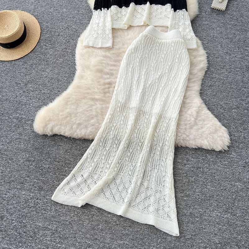 Women's Clothing Lazy Style Leisure Suit For Women High Grade Hollow Hook Flower Color Matching Knitted Top High Waist Skirt_voghion.com