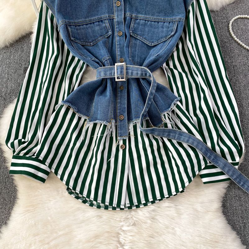 Women's Two Piece Loose Denim Vest Spliced Striped Shirt Women's Casual Irregular Top_voghion.com
