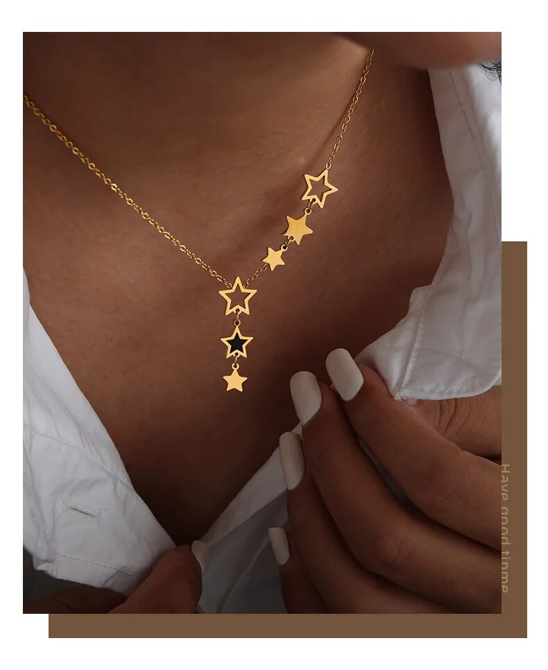 Neu in Stern-Anhänger-Halskette für Frauen Edelstahl vergoldet Kette schwarz Acryl Modeschmuck Freundin Geschenk Großhandel_voghion.com