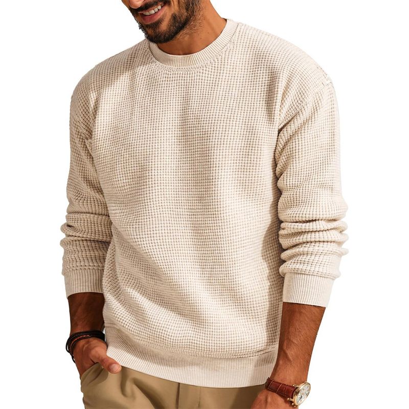 Men's Waffle Knit Sweater – Breathable Textured Pullover With Relaxed Fit For Casual Comfort_voghion.com