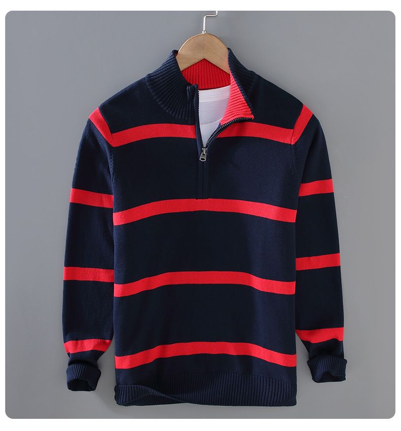 Pull à col demi-zip pour homme, tendance automne-hiver, style rétro universitaire, rayé, couleur contrastée, col haut_voghion.com