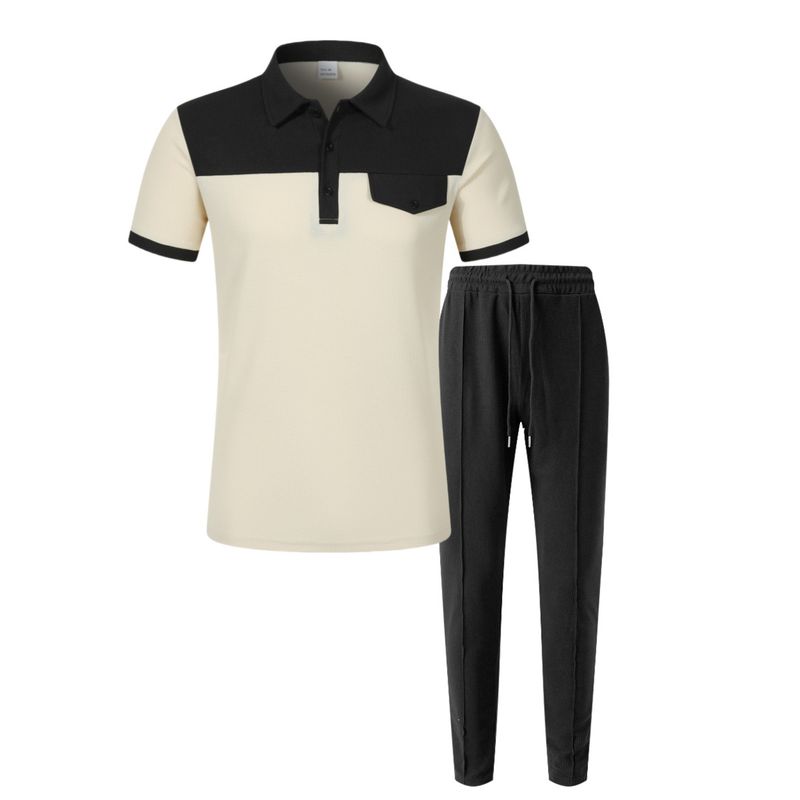 Men's Clothing New Waffle Color Stitching Lapel Chest Pocket Button Short Sleeved Trousers Suit_voghion.com