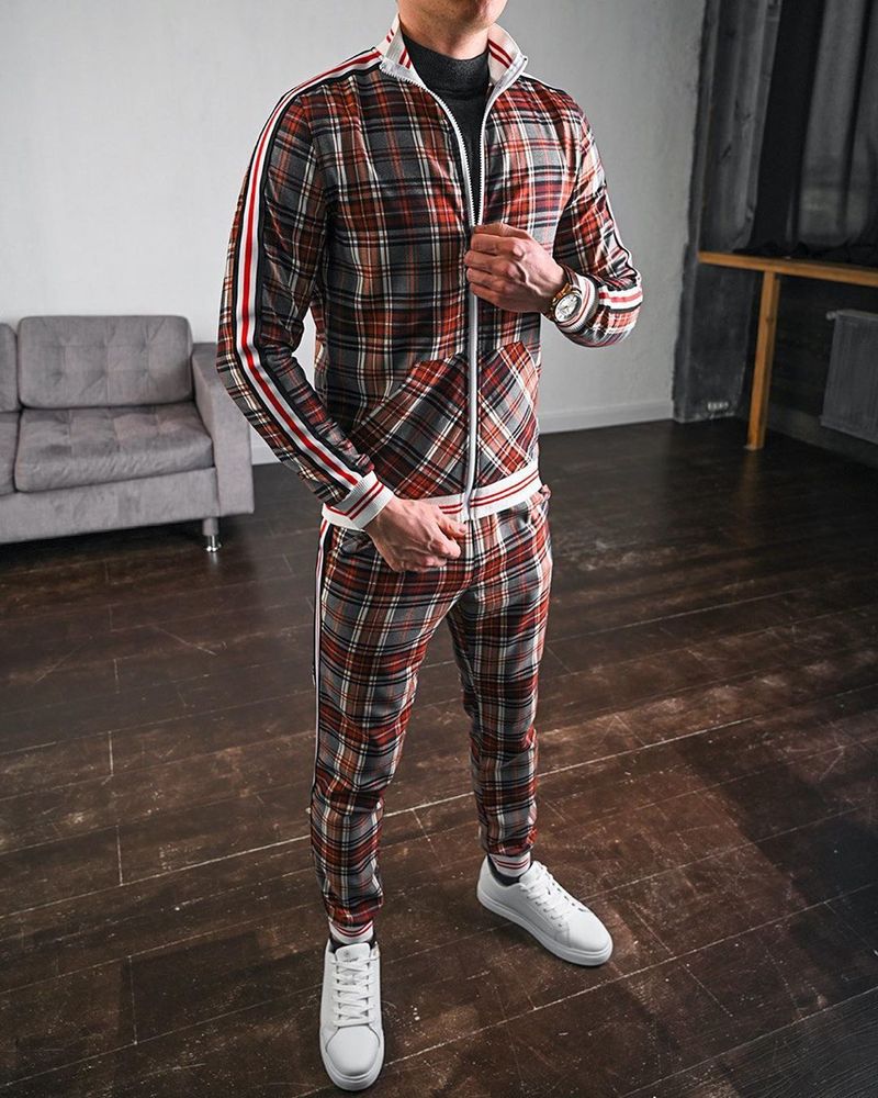 European and American striped sports casual suit men's large size slim sports trousers jacket two-piece set spring and autumn_voghion.com
