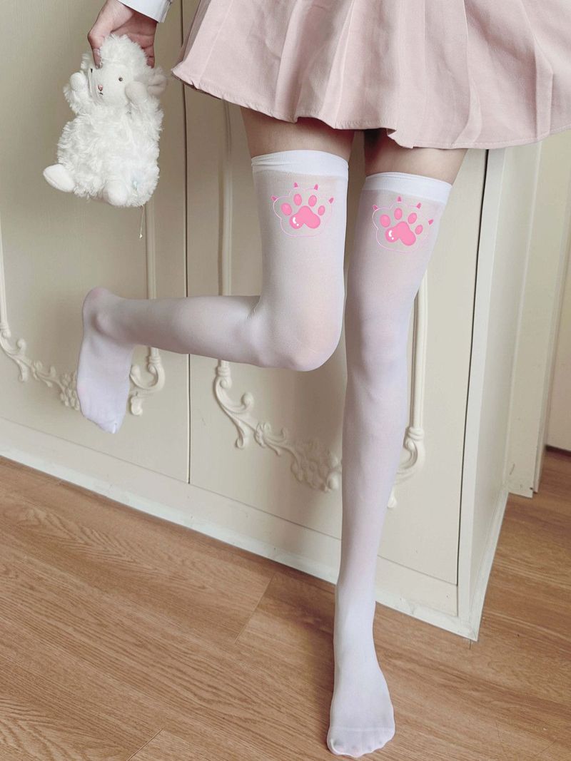 Textsocken Damen, weiße Seidenstrümpfe, dünner süßer Katzenpfotenabdruck, lange Schlauchsocken der Subkultur, Overknee-Socken für Damen_voghion.com