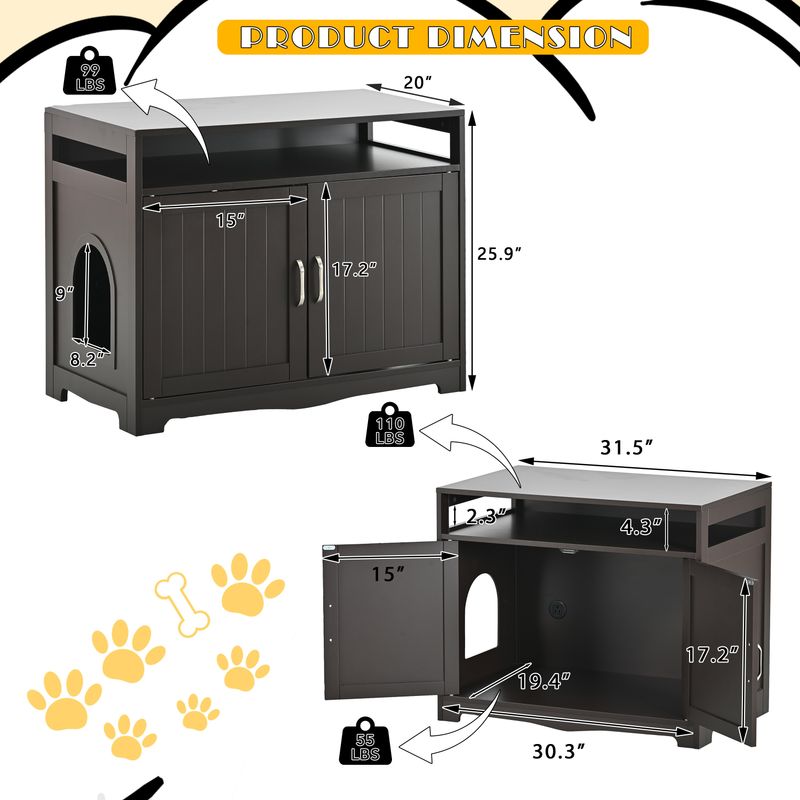 Litter Box Enclosure, Cat Litter Box Furniture With Hidden Plug, 2 Doors,Indoor Cat Washroom Storage Bench Side Table Cat House, Large Wooden Enclused Litter Box House, Esspresso_voghion.com