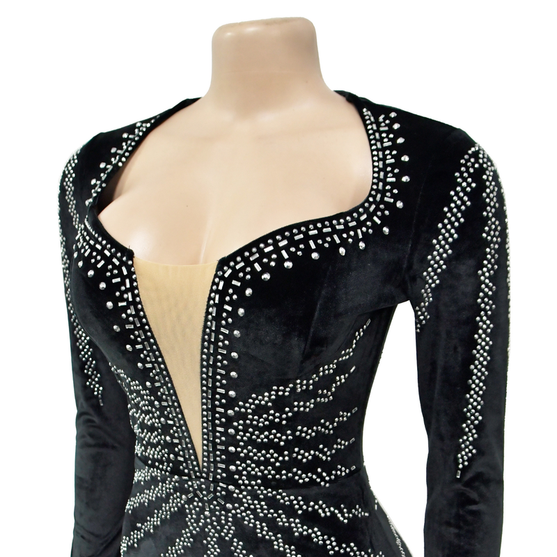 Damenbekleidung, modisches, einfarbiges, sexy, heißes Diamant-Langarmkleid mit langem Rock_voghion.com