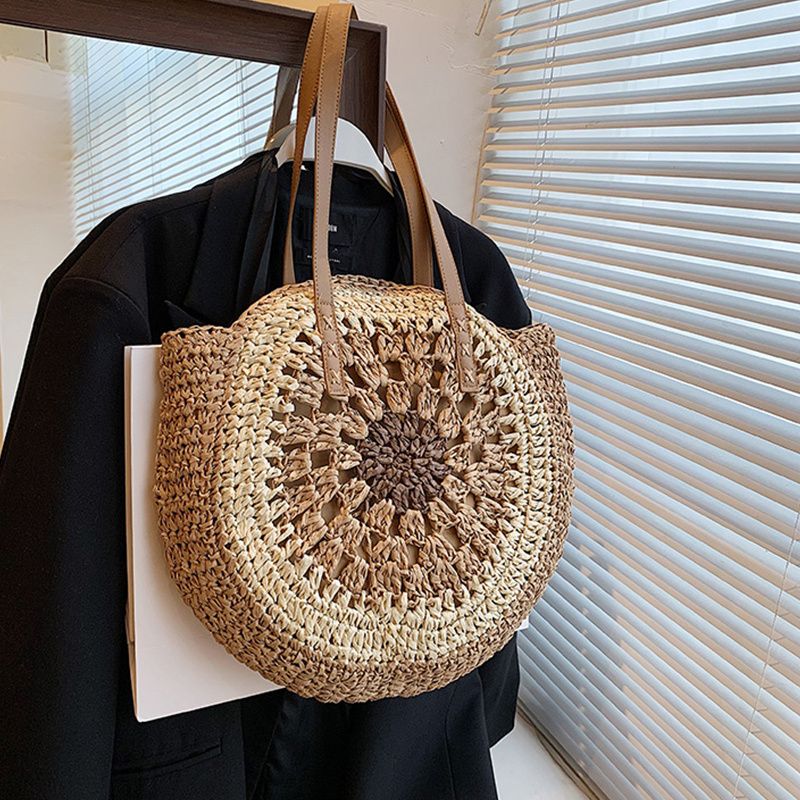 Borsa da donna rotonda in paglia cava intrecciata a mano con tracolla in rafia in rattan Borsa tote grande estiva bohémien_voghion.com