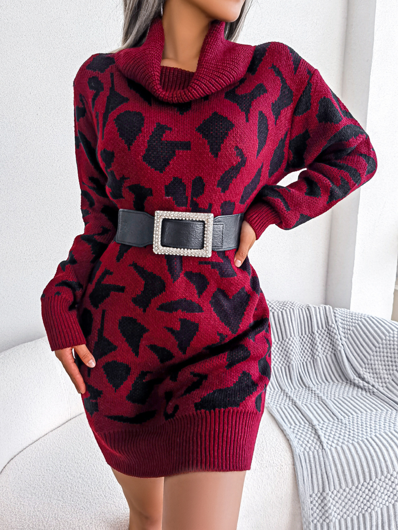 Damenbekleidung Echte Aufnahme des Herbst- und Winter-Street-Styles, hochgeschlossenes, langärmliges Pulloverkleid mit Leopardenmuster und unabhängiger Station_voghion.com