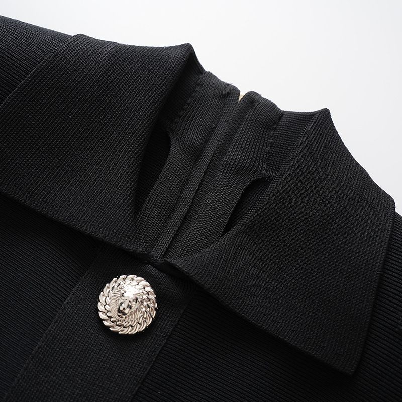 Vêtements pour femmes, mode printemps-été, robe noire coupe ajustée à revers en tricot anti-rayures, coupe trapèze_voghion.com
