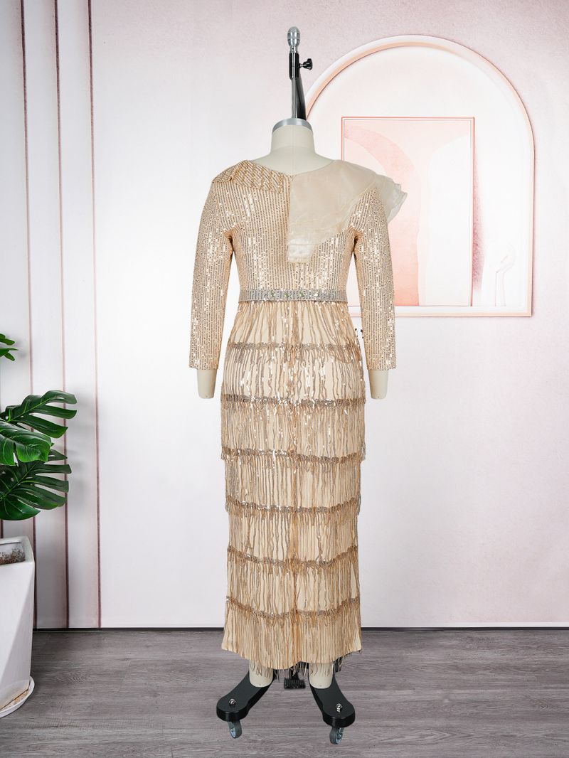 Plus Size Glitter Fringe Party Dress For Women - Elegant V-Neck Sequin Evening Gown With Layered Tulle Skirt (Wine Red, Royal Blue, Rose Purple)_voghion.com