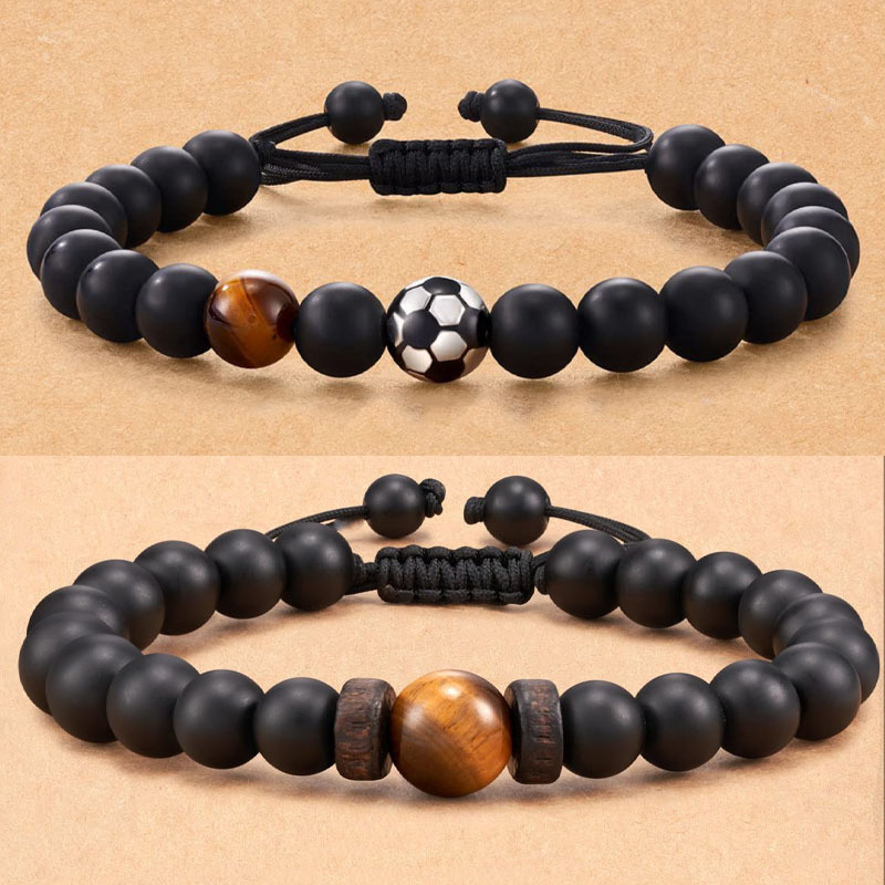2PCS Hot selling obsidian frosted woven for men's football fashion tiger eye volcanic stone bead bracelet_voghion.com