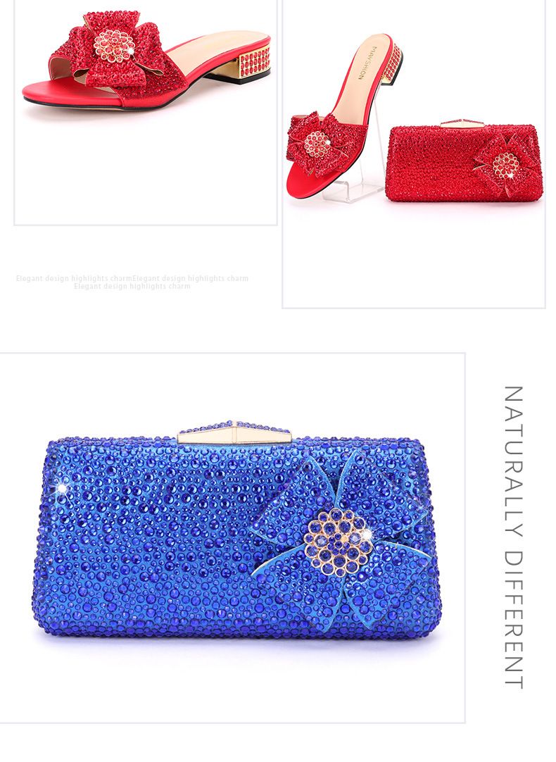 Damenschuhe: Damen-Slipper mit flacher Sohle und Rautenmuster, Clutch mit Strasssteinen, heiße Tasche mit Strasssteinen, Set aus Schuhen und Tasche mit flachem Absatz in großen Größen_voghion.com