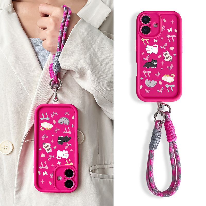 Pouzdro na telefon s řetízkem na zápěstí pro iPhone 16 Pro Max Plus s kreslenou kočkou a růžovou mašlí, měkké TPU poutko na zápěstí, nárazuvzdorné zadní kryty_voghion.com