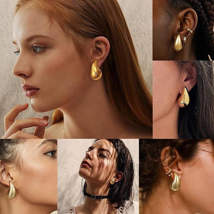 Stainless steel hollow teardrop earrings high end real gold plated simple style teardrop earrings_voghion.com