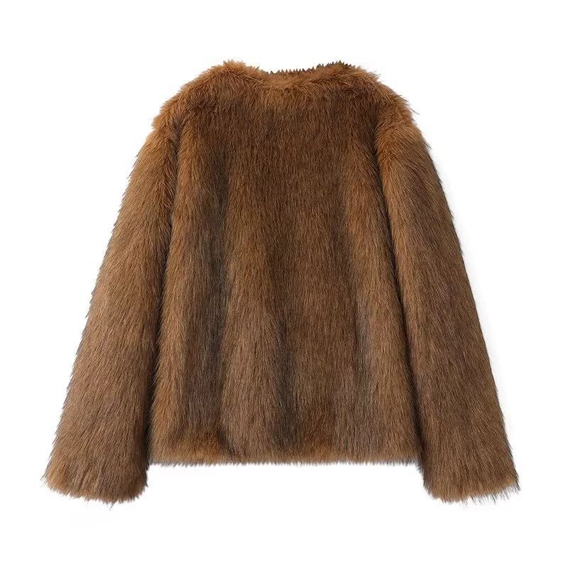 Women's Clothing Winter Faux Fox Fur V-Neck Cardigan With Black Tips – Short Sleeve Elegant Streetwear (Sizes S/M/L)_voghion.com