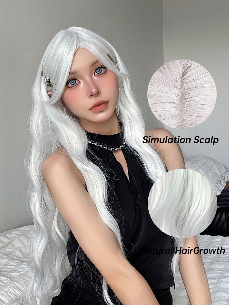 Uzun Su Dalgası Peruk Patlamalı Beyaz Renkli Cosplay İpeksi Peruk Kadınlar İçin Günlük Parti Doğal Yumuşak Sentetik Saç Isıya Dayanıklı_voghion.com