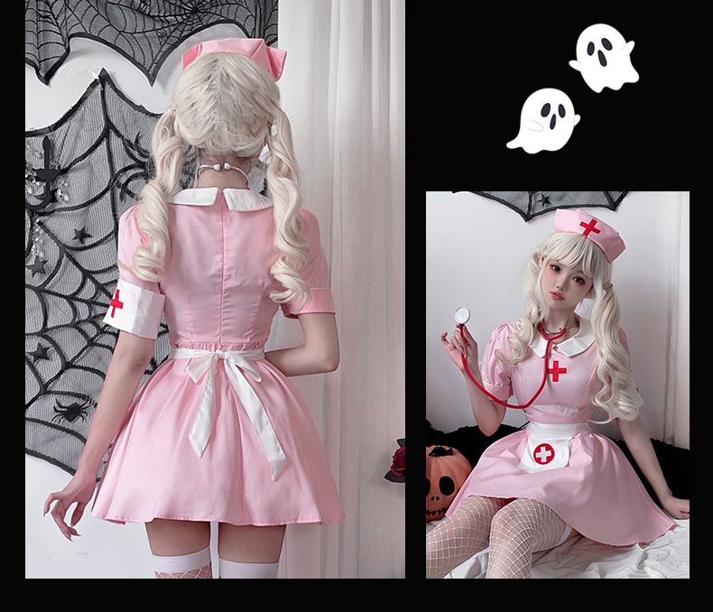 Sexy pinkes Krankenschwesterkostüm für Damen - Japanisches Kawaii-Rollenspielkleid mit Stirnband, Armbändern und Schürze - Halloween-Cosplay-Outfit_voghion.com