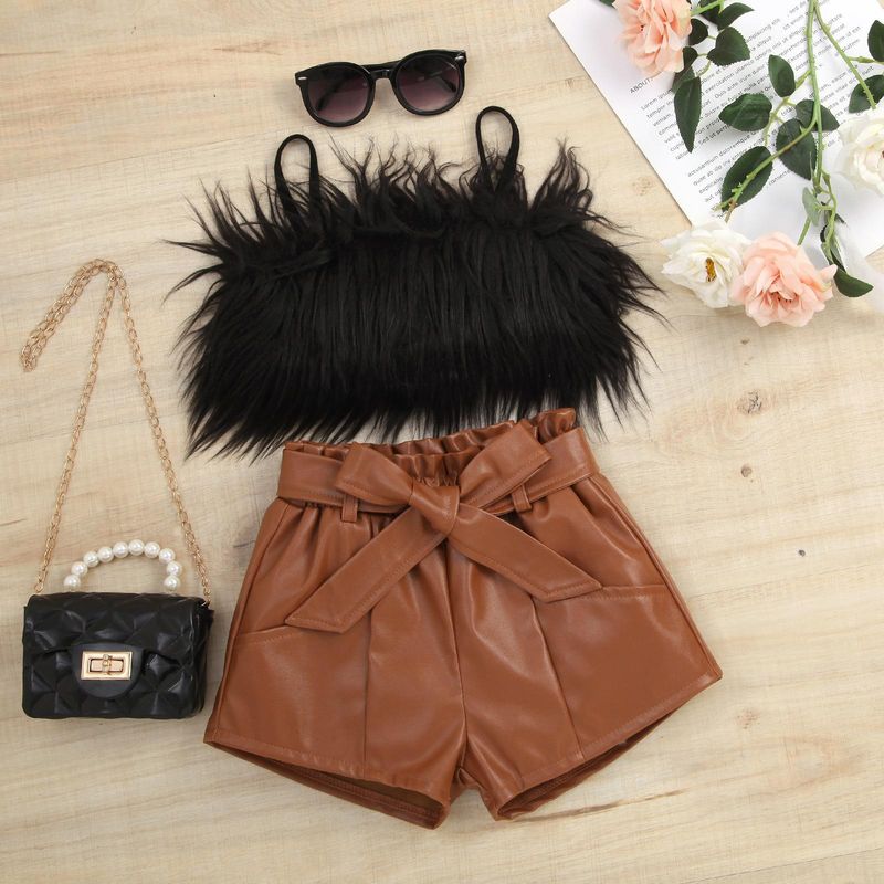 Mother&Kids Girls' halter top solid color open bag leather pants furry set with belt_voghion.com