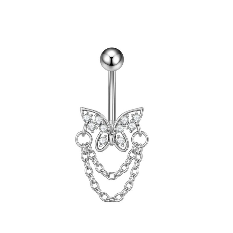 Piercing per ombelico da donna in acciaio inossidabile con zircone, catena a farfalla, occhio di cavallo, fiore a cinque foglie, fibbia per ombelico_voghion.com