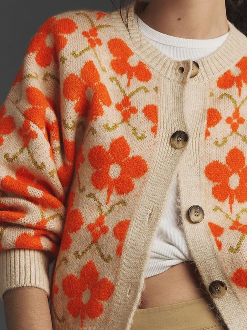 Women's Floral Jacquard Knit Cardigan With Buttons - Elegant Long Sleeve Open Front Sweater For Autumn & Winter_voghion.com