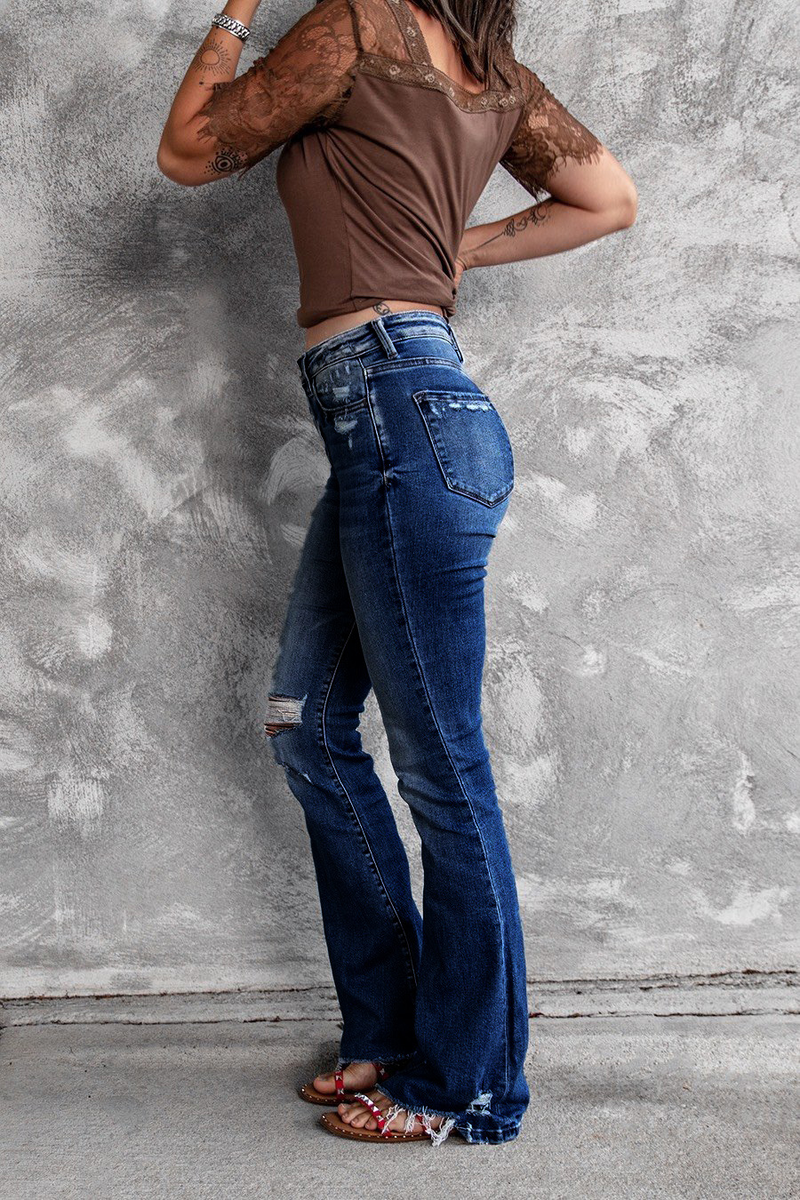 Jeans aderenti a vita alta, elastici, retrò, aderenti, da donna, con fondo a campana, strappati_voghion.com