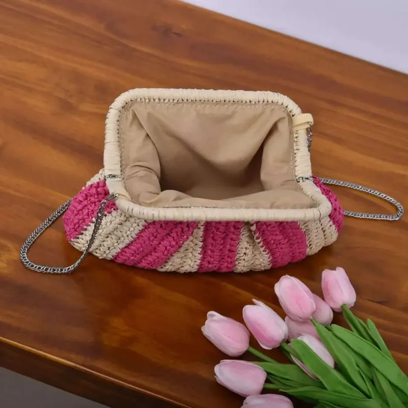 Designer 2025 Mode Gestreifte Stroh Kupplung Casaul Shell Papier Gewebt Frauen Schulter Umhängetaschen Handgemachte Sommer Strand_voghion.com