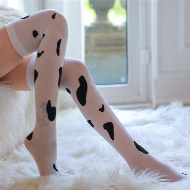 Calze lunghe a pois bianchi lattiginosi da donna, a forma di mucca, con intimo sexy, sopra il ginocchio_voghion.com