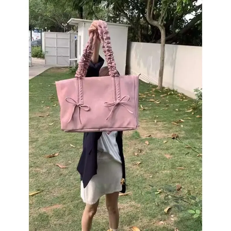 Han Su Xi Same Style Pleated Bow For Women Trendy Korean Version Tote Large Capacity Canvas Bag_voghion.com