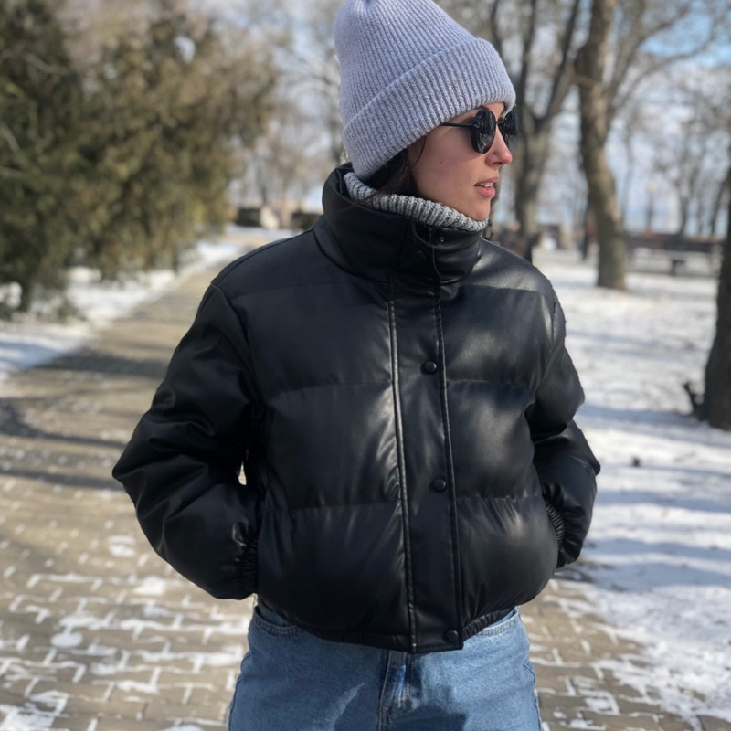 Zimski topli debeli plašči iz umetnega usnja za ženske, kratke parke, modna črna bombažna podložena jakna z elegantno zadrgo_voghion.com