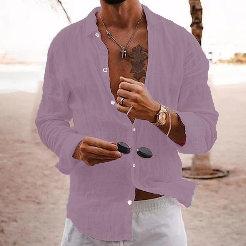 2023 New Men's Shirt Solid Color Loose Single-Breasted Turn-Down Collar Cotton Linen Long Sleeve Top_voghion.com