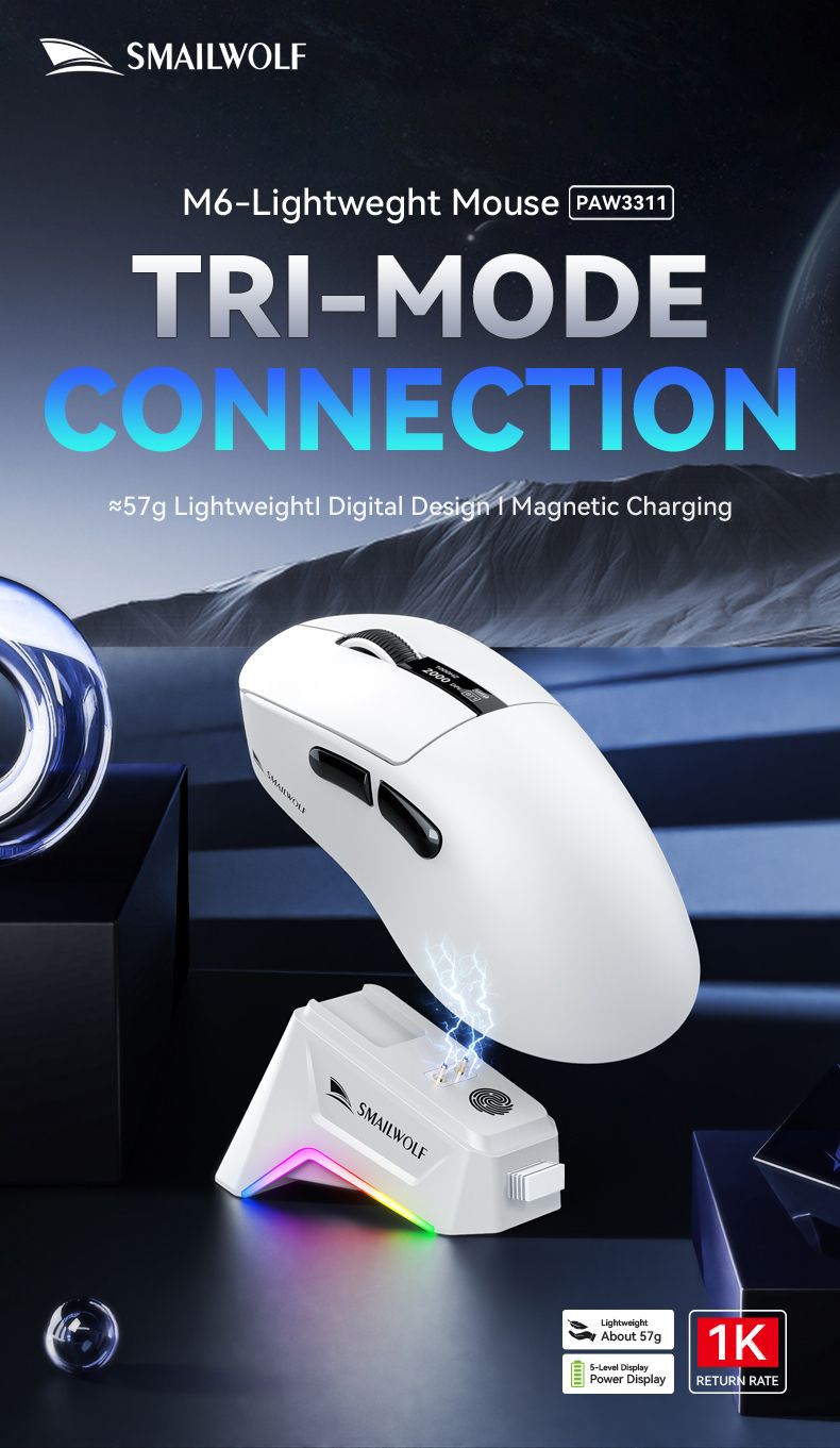 Mouse sem fio Bluetooth para jogos Smailwolf M6 com sensor PAW3311, comutação de três modos, magnético_voghion.com