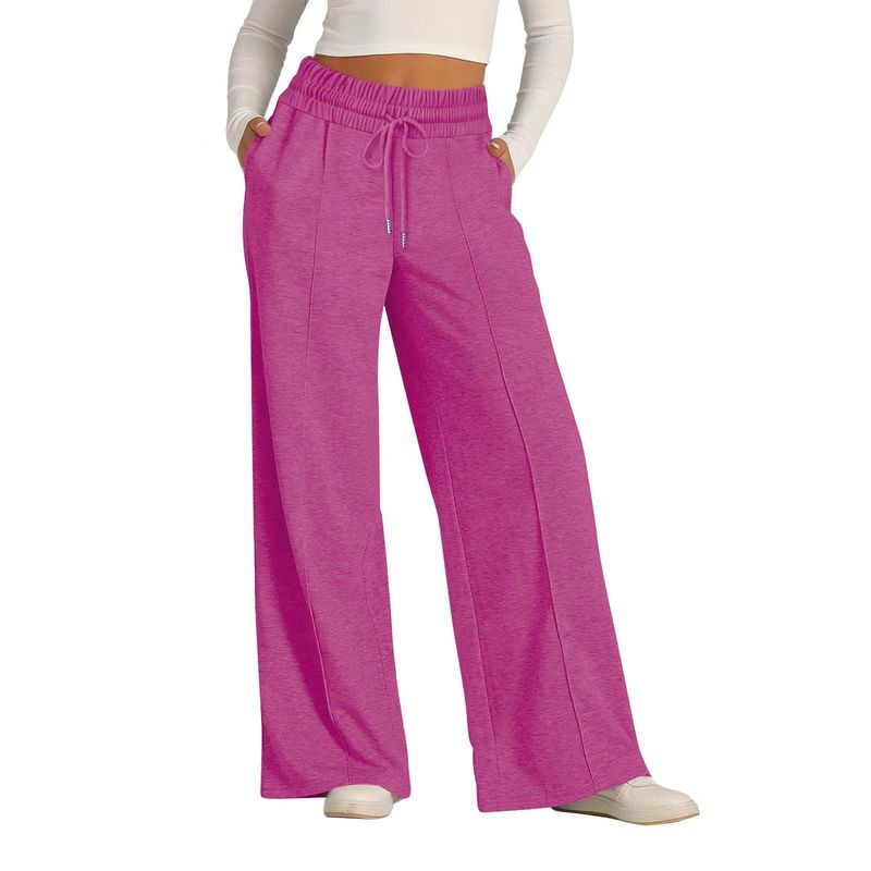 Vêtements pour femmes commerce électronique pantalons décontractés à jambe large à la mode avec cordon de serrage à la taille de couleur unie pour femmes_voghion.com