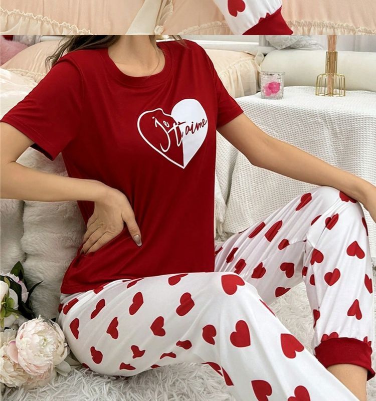 Conjunto de pijama de talla grande para mujer, ropa de estar por casa, estampado en forma de corazón, conjunto de pantalón y camiseta de manga corta, ajustado, informal y cómodo._voghion.com