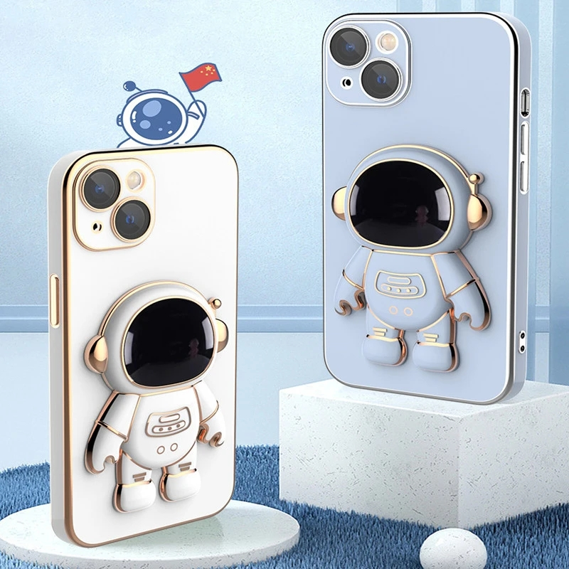 3D Astronaut Folding Stand Soft Phone Case For iPhone 14 13 12 11 Pro Max XR XS 7 8 Plus SE 2022 Plating ShockProof Case Cover_voghion.com