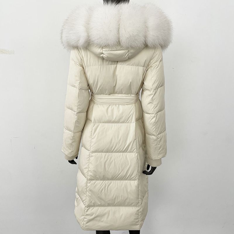 Fox Fur Large Collar Down Jacket With Hood And Long Style For Winter, Slim Waist And Knee Length Thickened Women's Coat_voghion.com