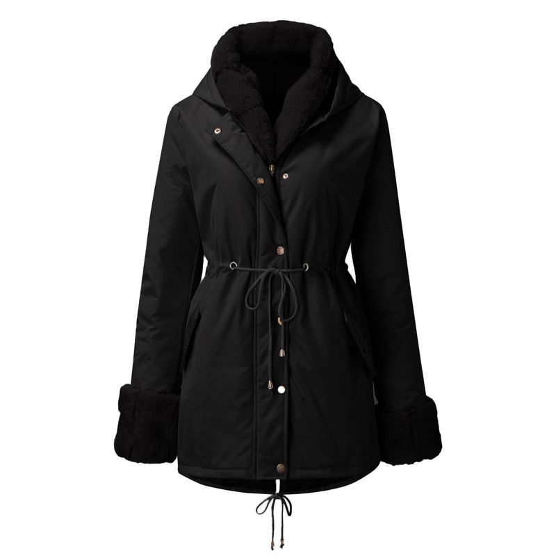 Women's Hooded Zip-Up Puffer Coat – Detachable Faux Fur Trim Long Sleeve Winter Jacket (Black, Beige)_voghion.com