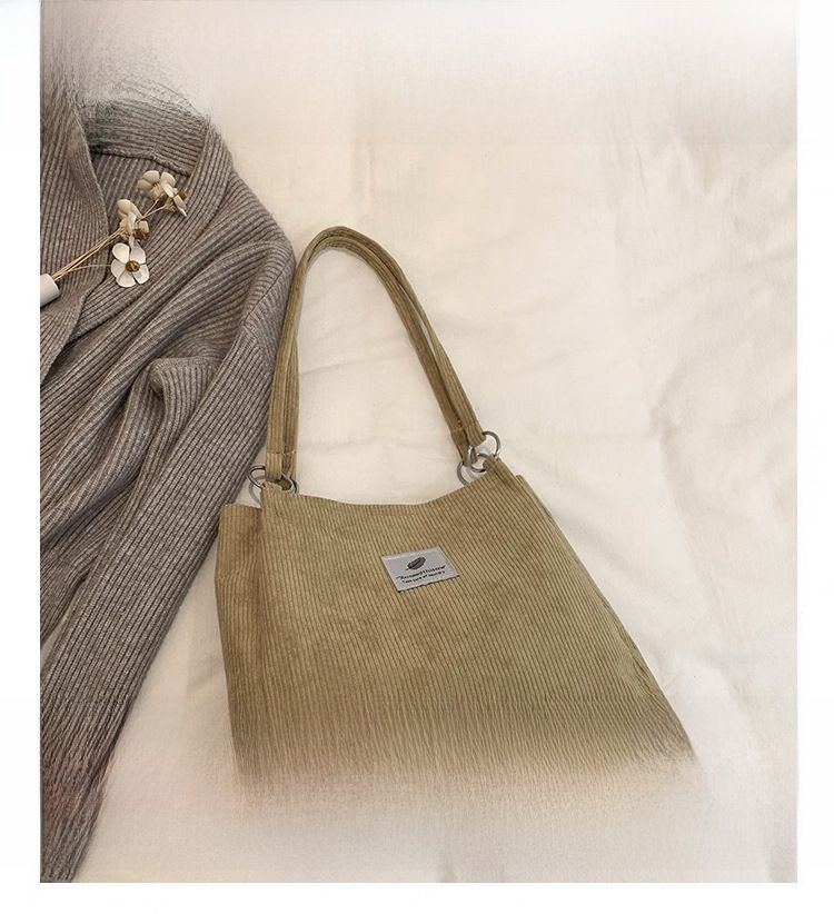 Canvas Bag Women's One-shoulder Korean-style ins Vintage Simple Artistic Corduroy Laid-back Style Large Capacity Portable Shopping Bag_voghion.com