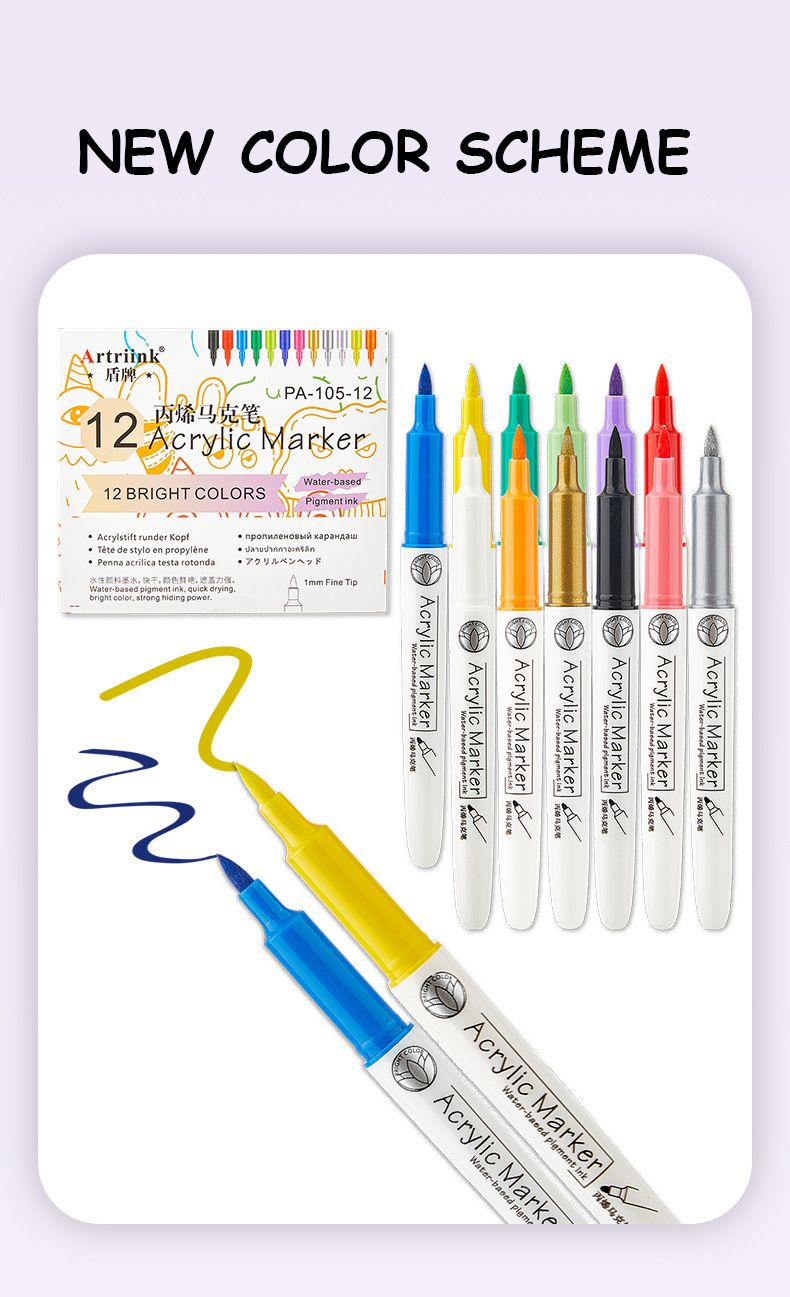 Vibrant 12-Color Acrylic Paint Markers For Kids & Artists - Soft Tip Brush Pen For Drawing, Doodling, Nail Art & DIY Crafts_voghion.com