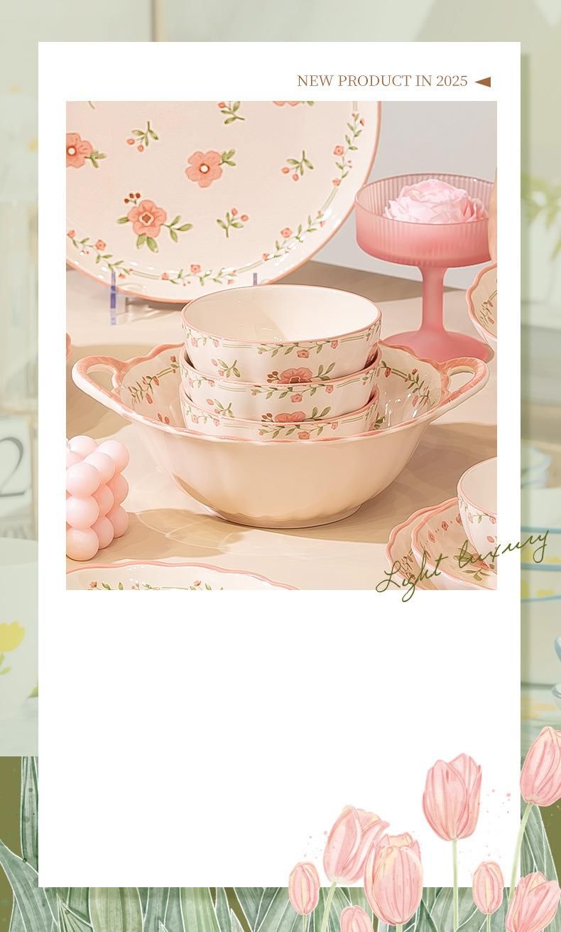 Romantic Pink High-Value Bowl Plate Set Home Use, Beautiful For Girls, Dining Bowls And Plates, Ceramic Underglaze Color_voghion.com