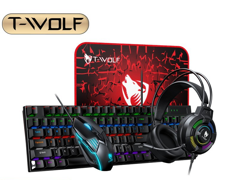 T-WOLF TF700 Mechaniczna Klawiatura Czteroczęściowa Z Podkładką Myszy, Słuchawkami, Niebieskim Przełącznikiem Zestaw Do Gier RGB_voghion.com