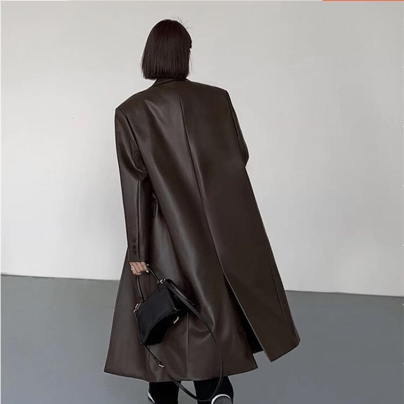 Cappotto casual da donna sopra il ginocchio in pelle pu_voghion.com