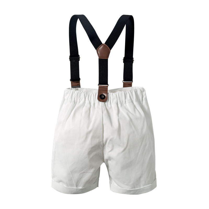 New Gentlemen's Boys' Dress Striped Short Sleeve Necktie Shirt Strap Pants Set_voghion.com